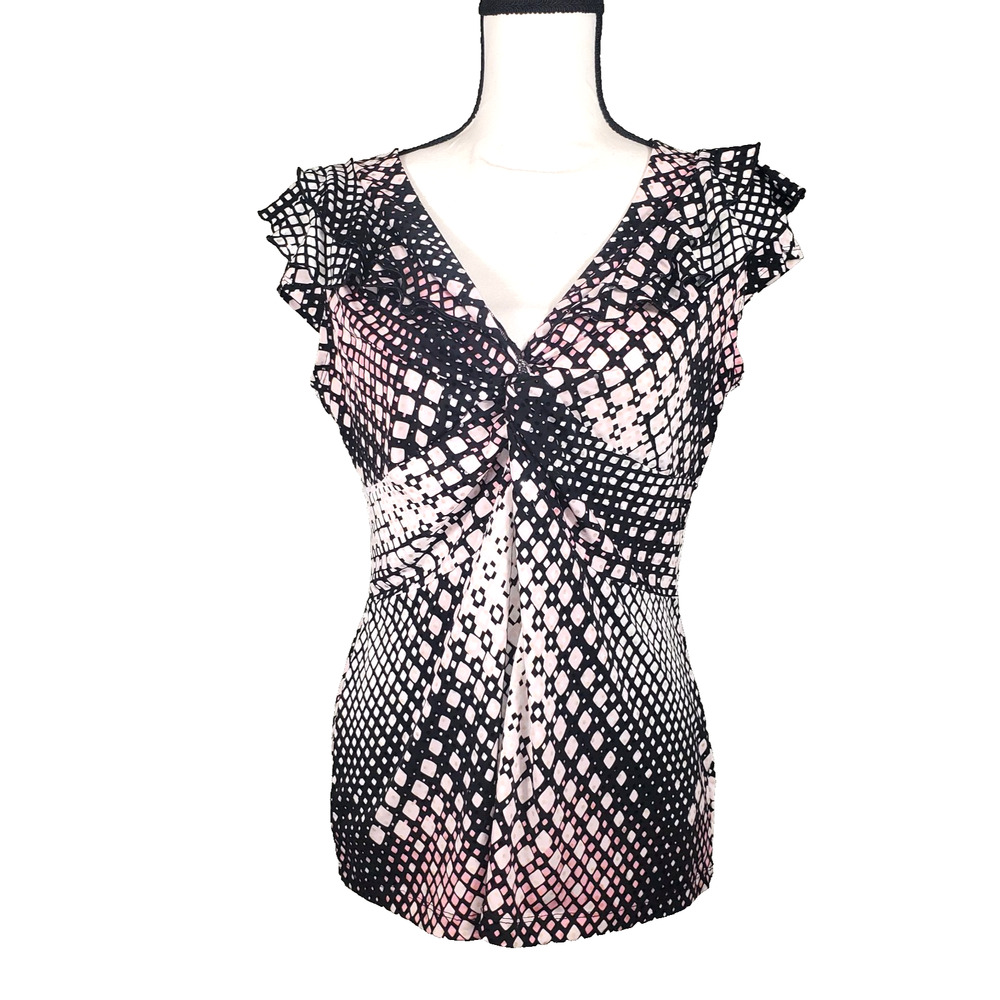 Dressbarn Pink Diamond Sequin Knot Front Ruffle Top L